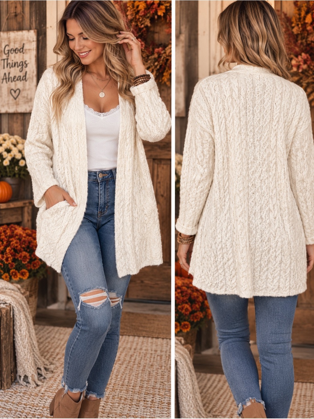 POL Cream Cable Knit Open-Front Cardigan